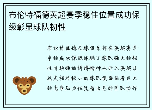 布伦特福德英超赛季稳住位置成功保级彰显球队韧性 布伦特福德英超赛季稳住位置成功保级彰显球队韧性