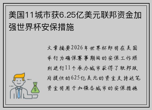 美国11城市获6.25亿美元联邦资金加强世界杯安保措施 美国11城市获6.25亿美元联邦资金加强世界杯安保措施